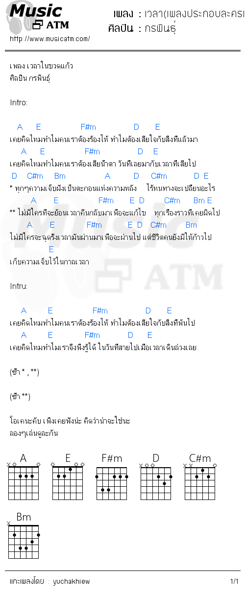 คอร์ดเพลง เวลา(เพลงประกอบละครเวลาในขวดแก้ว)