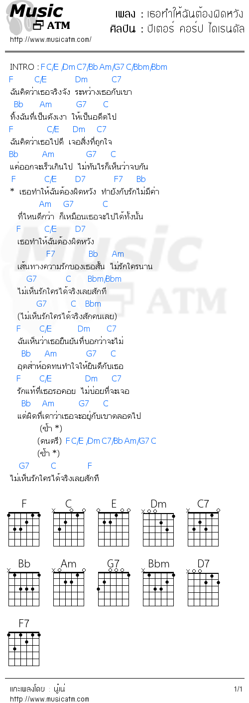 คอร์ดเพลง เธอทำให้ฉันต้องผิดหวัง