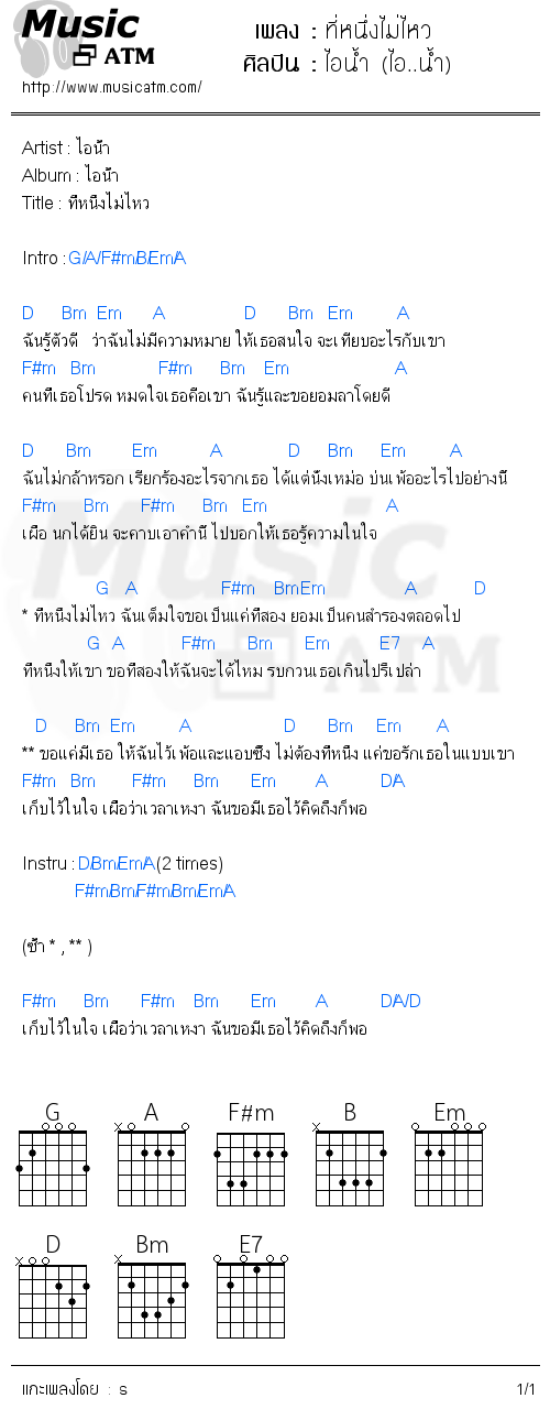 คอร์ดเพลง ที่หนึ่งไม่ไหว - ไอน้ำ (ไอ..น้ำ) | คอร์ดเพลงใหม่