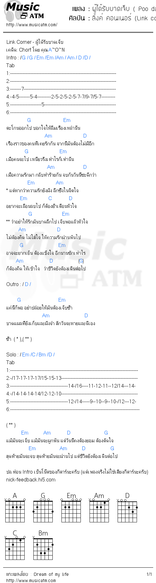 คอร์ดเพลง ผู้ได้รับบาดเจ็บ ( Poo dai rab bat jeb )