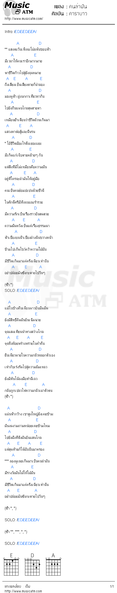 คอร์ดเพลง คนล่าฝัน