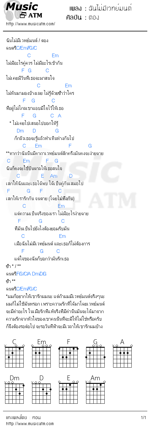 คอร์ดเพลง ฉันไม่มีเวทย์มนต์