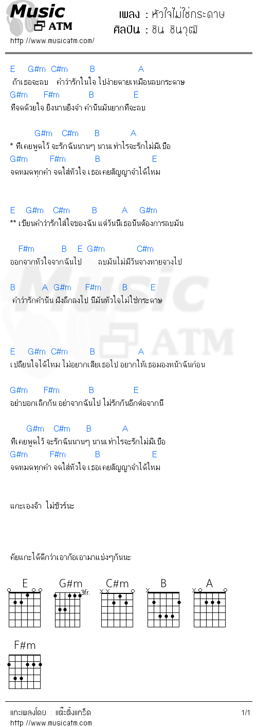 คอร์ดเพลง หัวใจไม่ใช่กระดาษ - ชิน ชินวุฒิ | คอร์ดเพลงใหม่