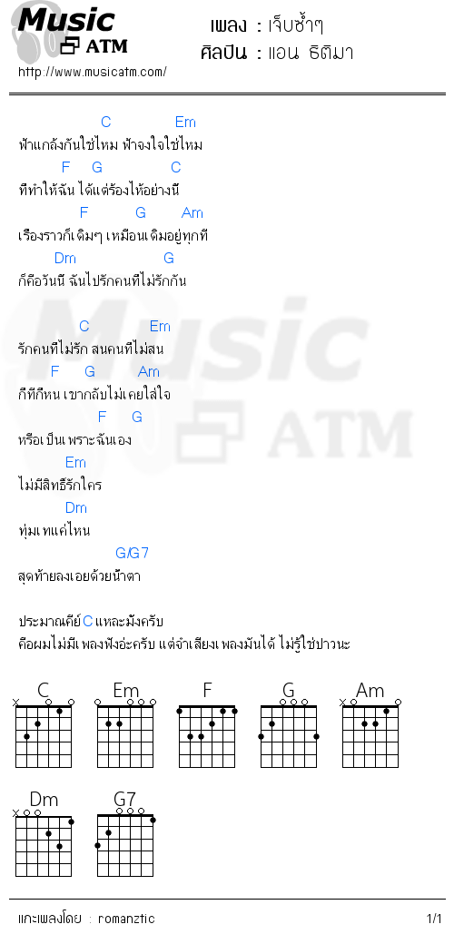 คอร์ดเพลง เจ็บซ้ำๆ - แอน ธิติมา | คอร์ดเพลงใหม่