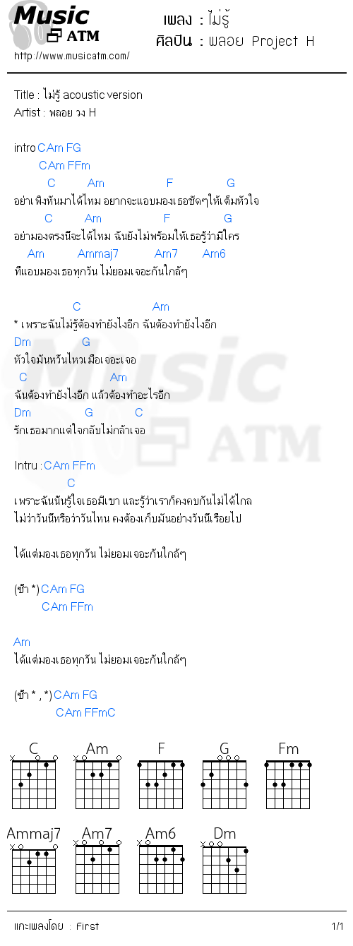 คอร์ดเพลง ไม่รู้