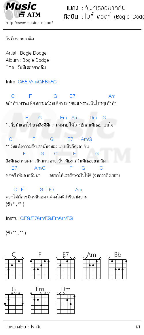 คอร์ดเพลง วันที่เธออยากลืม