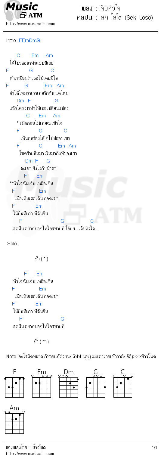 คอร์ดเพลง เจ็บหัวใจ