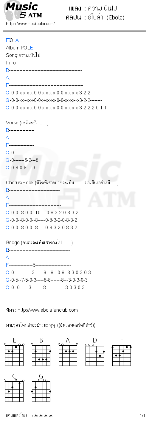 คอร์ดเพลง ความเป็นไป - อีโบล่า (Ebola) | คอร์ดเพลงใหม่