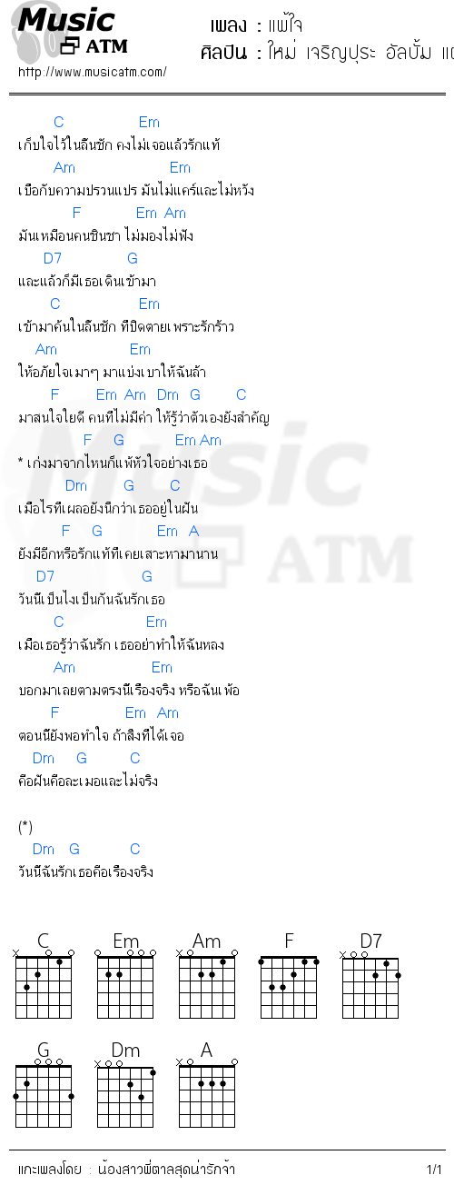 คอร์ดเพลง แพ้ใจ - ใหม่ เจริญปุระ อัลบั้ม แผลงฤทธิ์ | คอร์ดเพลงใหม่