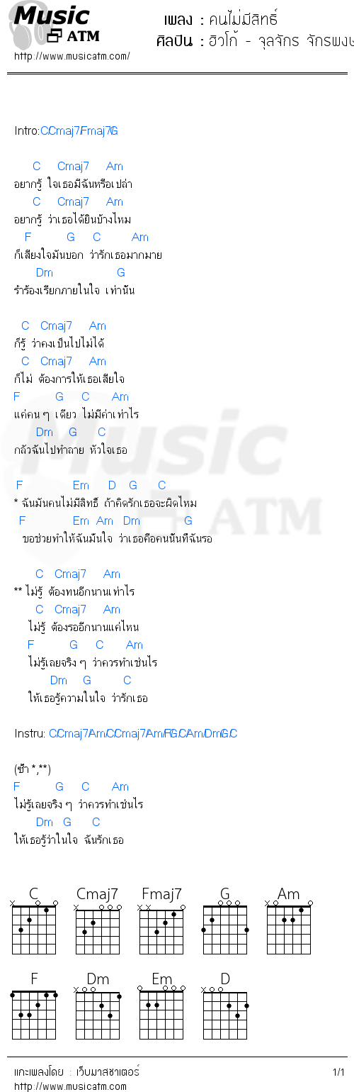 คอร์ดเพลง คนไม่มีสิทธิ์ - ฮิวโก้ - จุลจักร จักรพงษ์ | คอร์ดเพลงใหม่