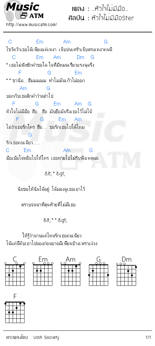 คอร์ดเพลง ..หัวใจไม่มีมือ..