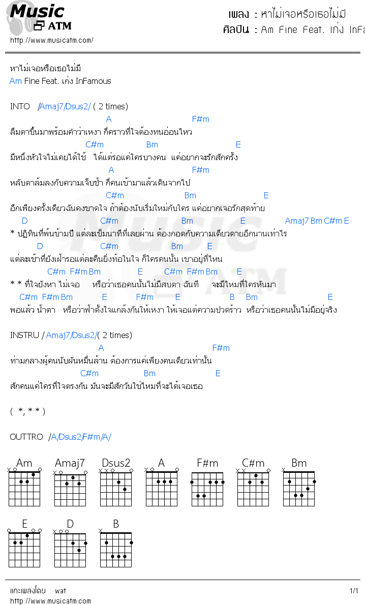 คอร์ดเพลง หาไม่เจอหรือเธอไม่มี