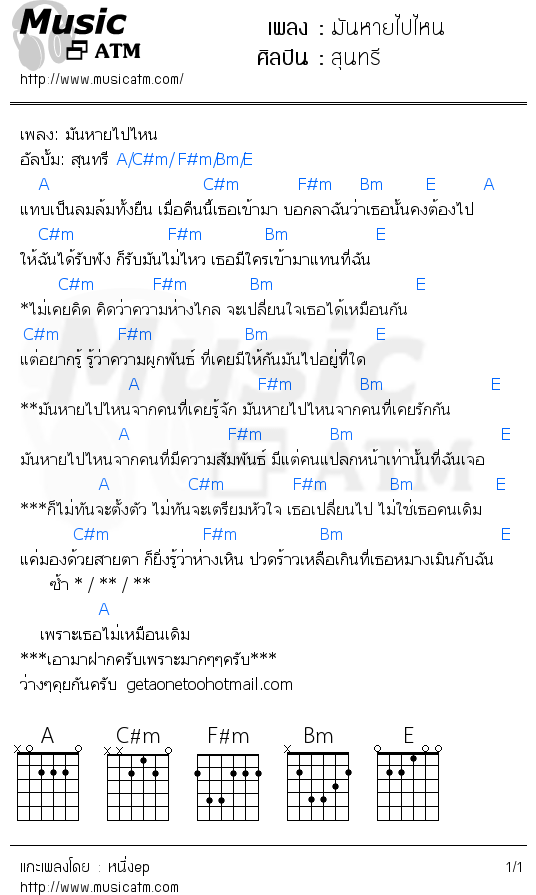 คอร์ดเพลง มันหายไปไหน