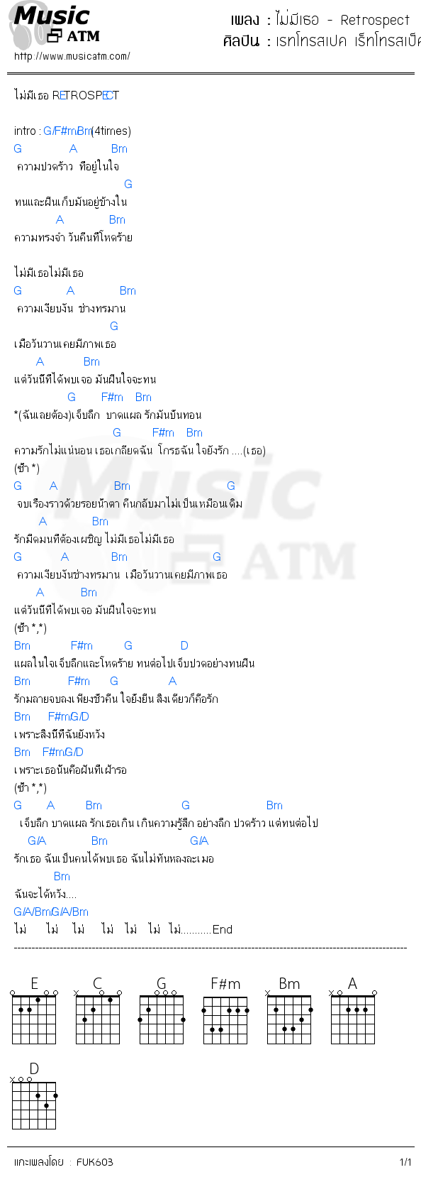 คอร์ดเพลง ไม่มีเธอ - Retrospect