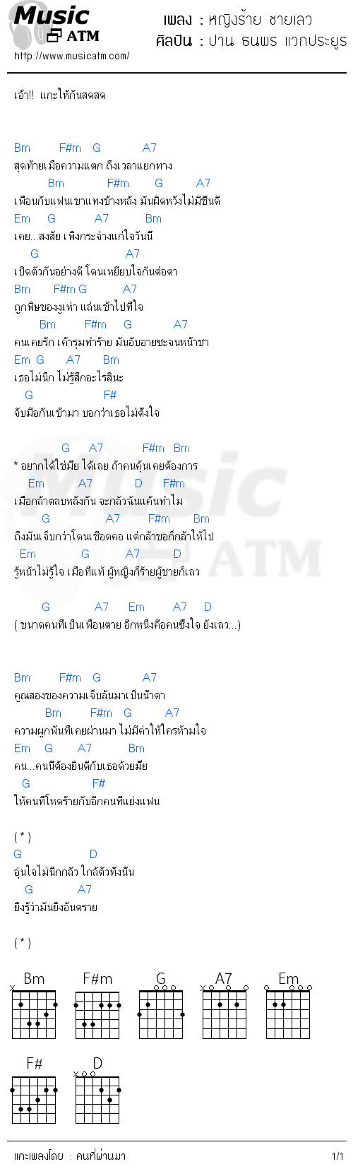 คอร์ดเพลง หญิงร้าย ชายเลว