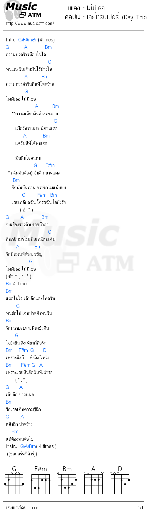 คอร์ดเพลง ไม่มีเธอ