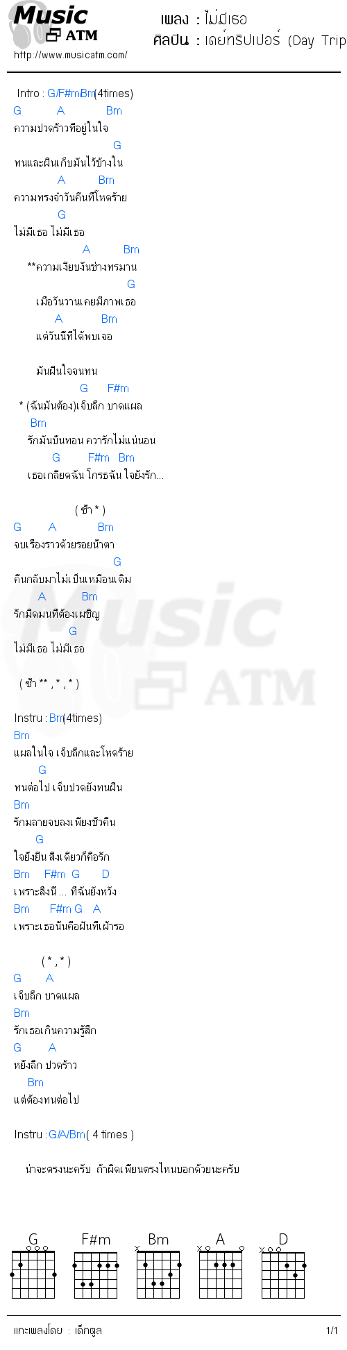 คอร์ดเพลง ไม่มีเธอ