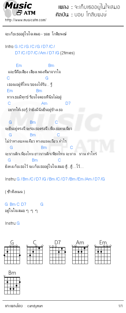 คอร์ดเพลง จะเก็บเธออยู่ในใจเสมอ