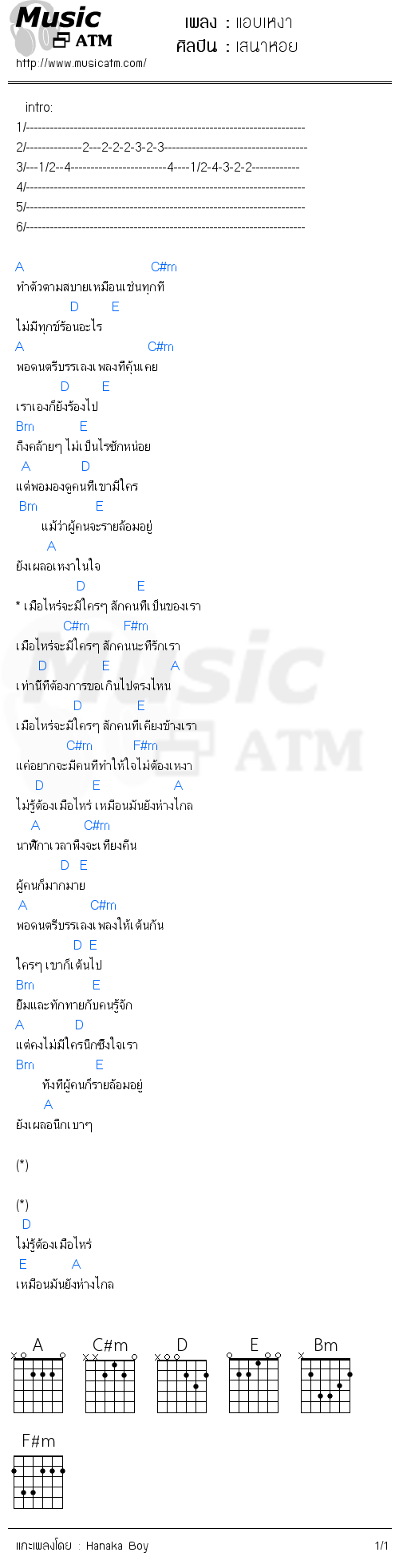 คอร์ดเพลง แอบเหงา