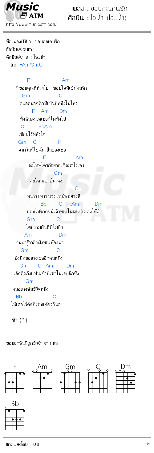 คอร์ดเพลง ขอบคุณคนรัก - ไอน้ำ (ไอ..น้ำ) | คอร์ดเพลงใหม่