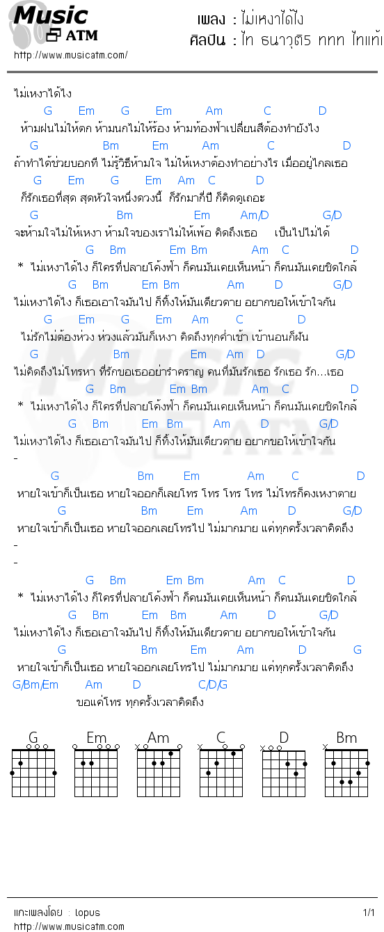 คอร์ดเพลง ไม่เหงาได้ไง - ไท ธนาวุติ5 ททท ไทแท้แท้ | คอร์ดเพลงใหม่