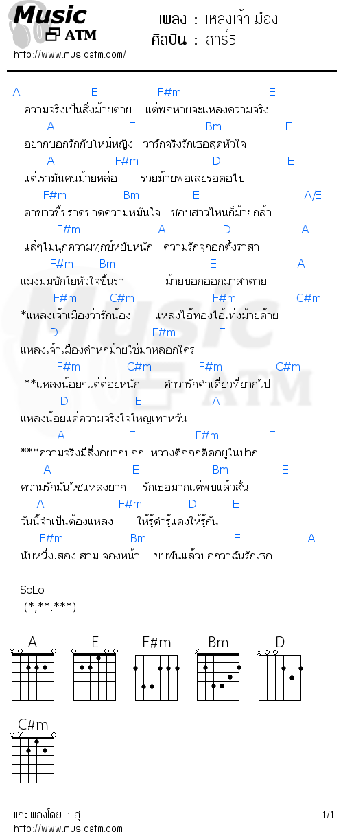 คอร์ดเพลง แหลงเจ้าเมือง - เสาร์5 | คอร์ดเพลงใหม่