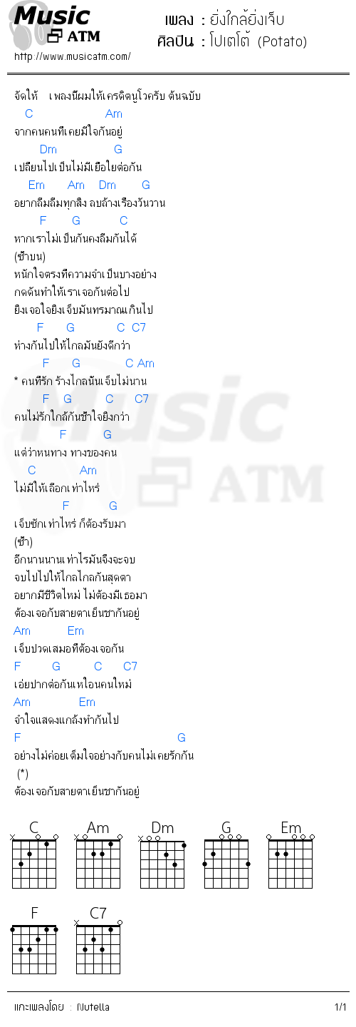 คอร์ดเพลง ยิ่งใกล้ยิ่งเจ็บ
