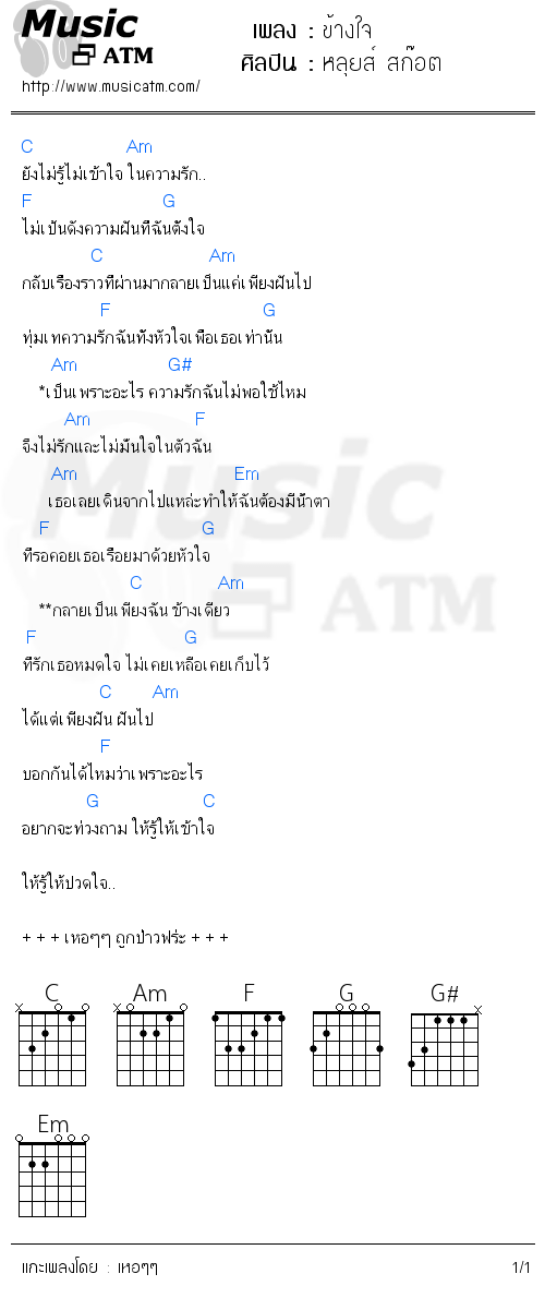 คอร์ดเพลง ข้างใจ