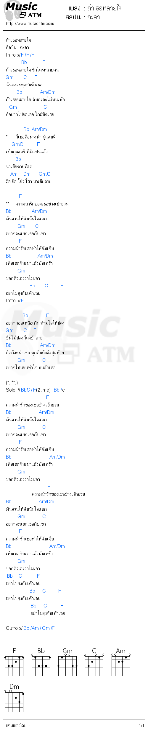 คอร์ดเพลง ถ้าเธอหลายใจ