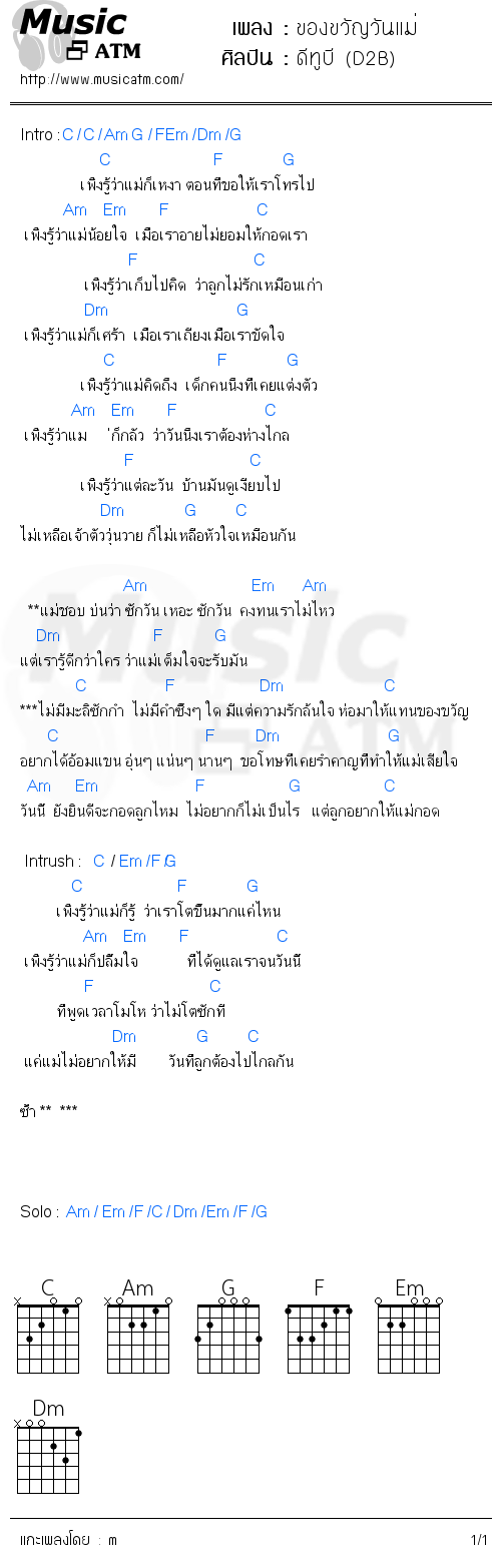 คอร์ดเพลง ของขวัญวันแม่