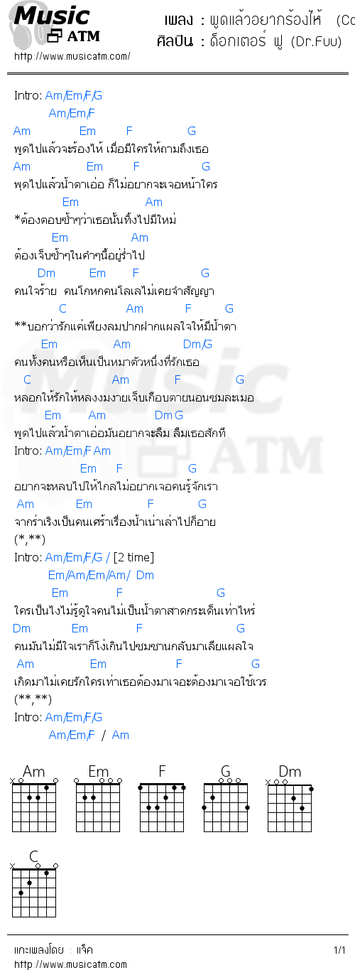 คอร์ดเพลง พูดแล้วอยากร้องไห้  (Cover)