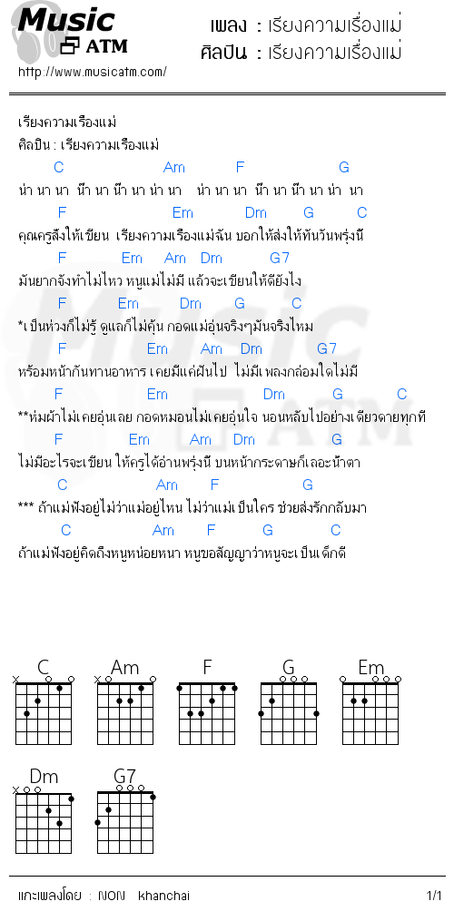 คอร์ดเพลง เรียงความเรื่องแม่