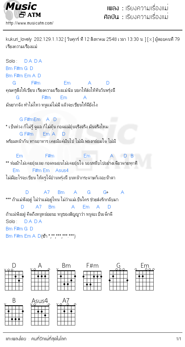 คอร์ดเพลง เรียงความเรื่องแม่