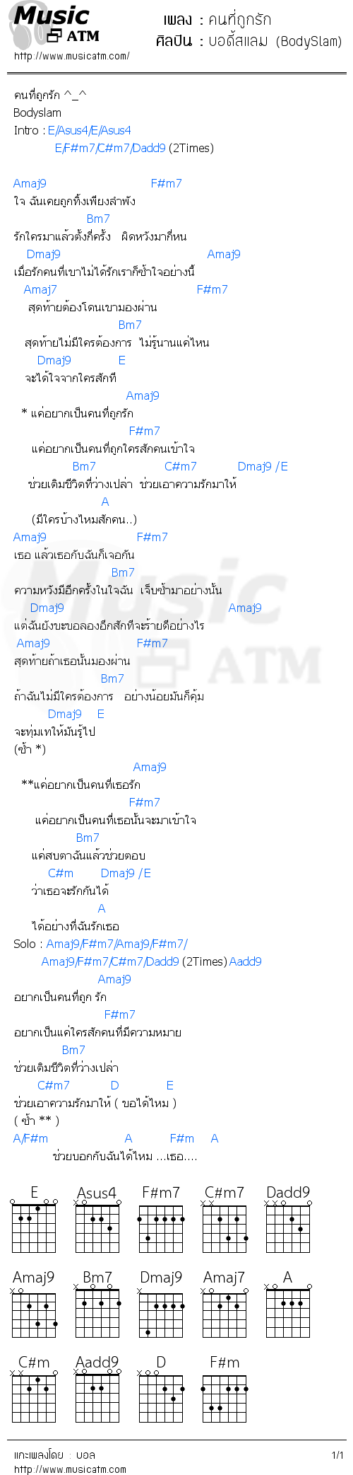 คอร์ดเพลง คนที่ถูกรัก - บอดี้สแลม (BodySlam) | คอร์ดเพลงใหม่