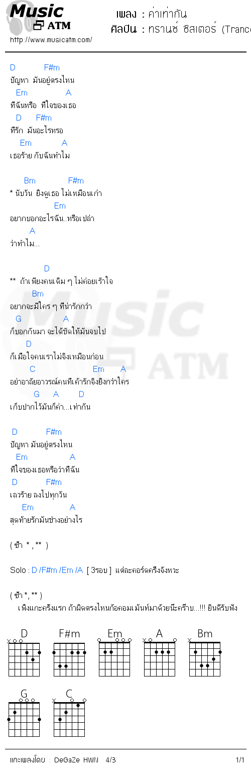 คอร์ดเพลง ค่าเท่ากัน