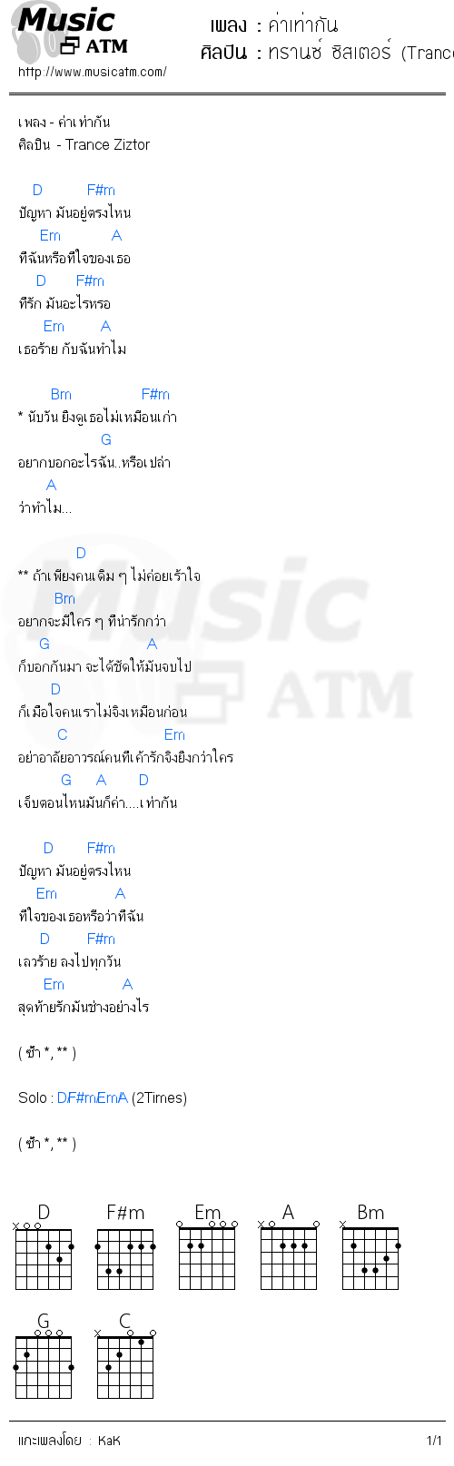 คอร์ดเพลง ค่าเท่ากัน