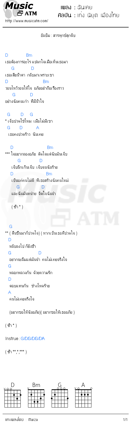 คอร์ดเพลง ฉันเคย - เก่ง นิยุต เมืองไทย | คอร์ดเพลงใหม่