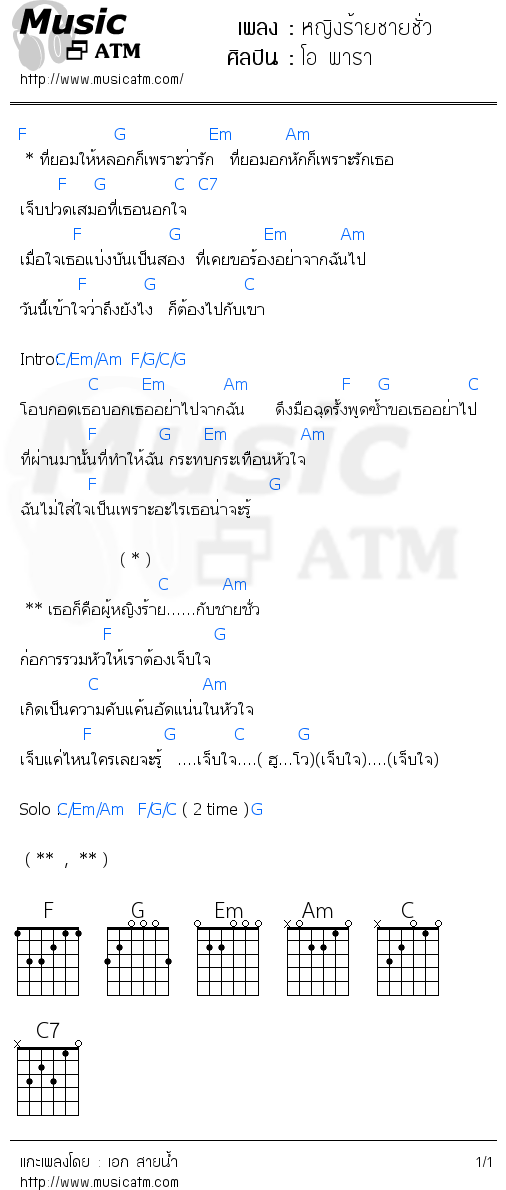 คอร์ดเพลง หญิงร้ายชายชั่ว