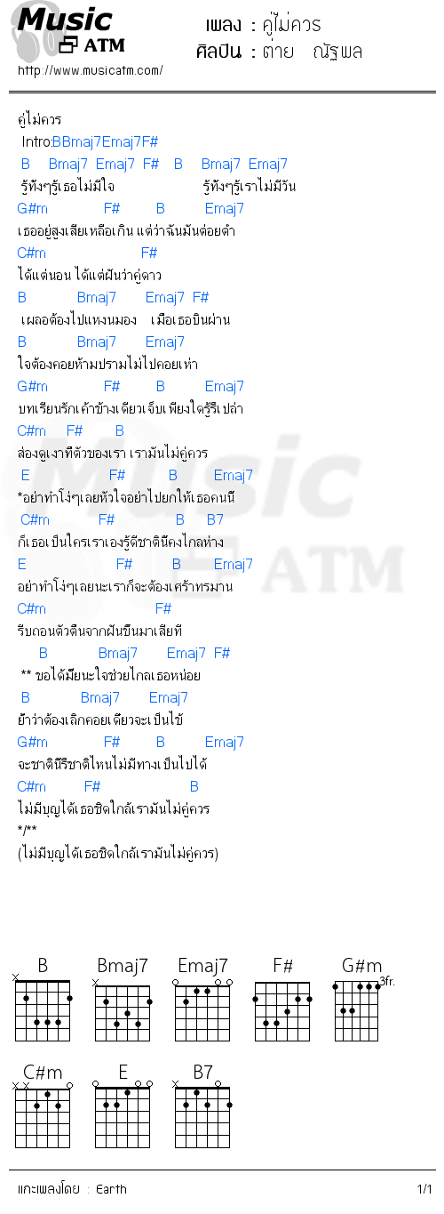 คอร์ดเพลง คู่ไม่ควร - ต่าย  ณัฐพล | คอร์ดเพลงใหม่