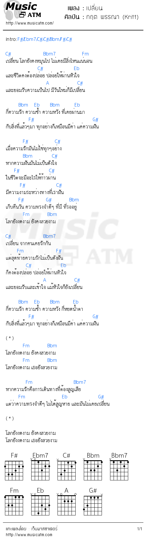 คอร์ดเพลง เปลี่ยน - กฤต พรรณา (Kritt) | คอร์ดเพลงใหม่