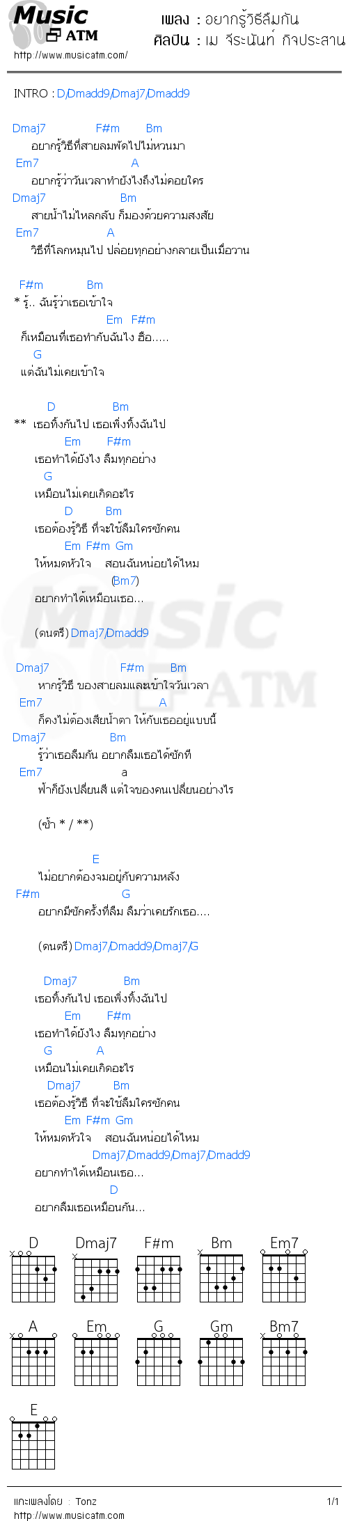 คอร์ดเพลง อยากรู้วิธีลืมกัน