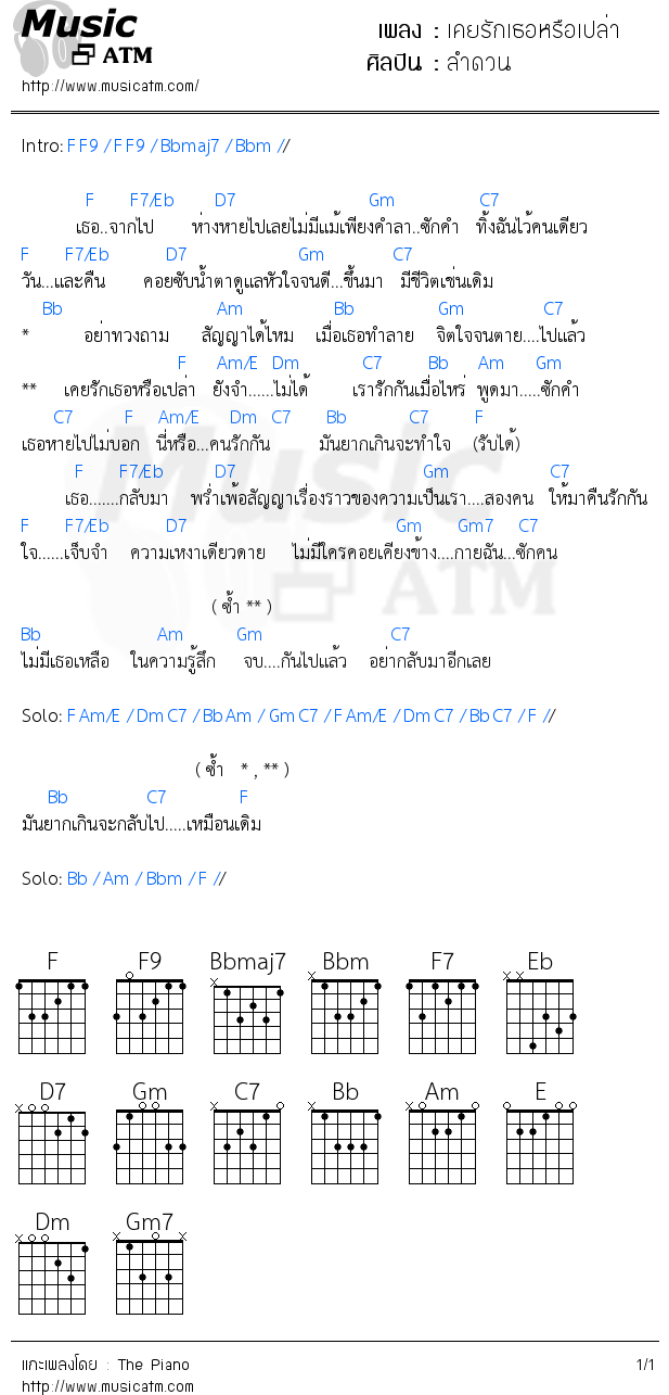 คอร์ดเพลง เคยรักเธอหรือเปล่า