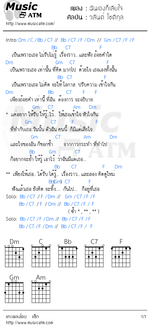 คอร์ดเพลง ฉันเองก็เสียใจ