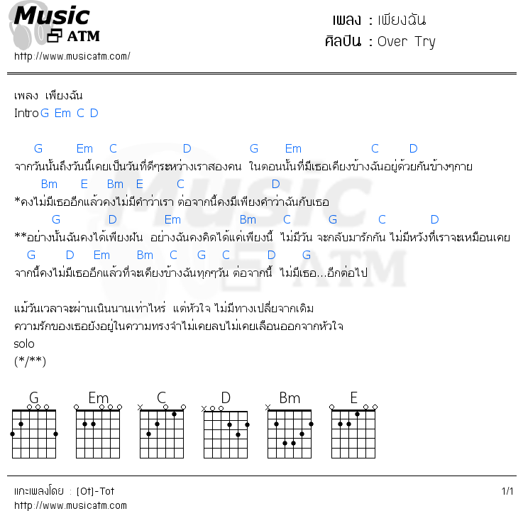 คอร์ดเพลง เพียงฉัน