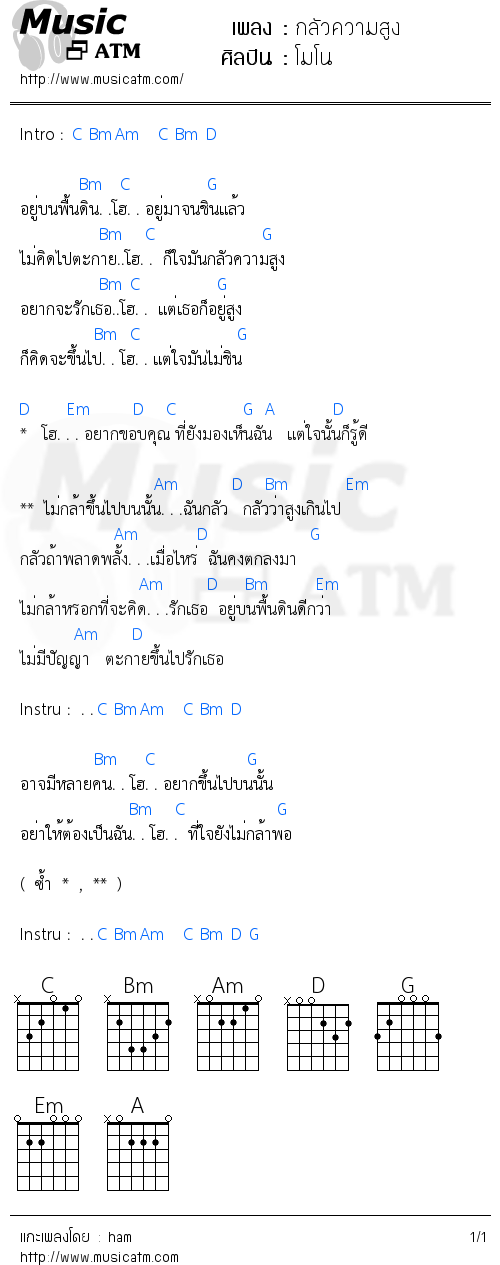 คอร์ดเพลง กลัวความสูง