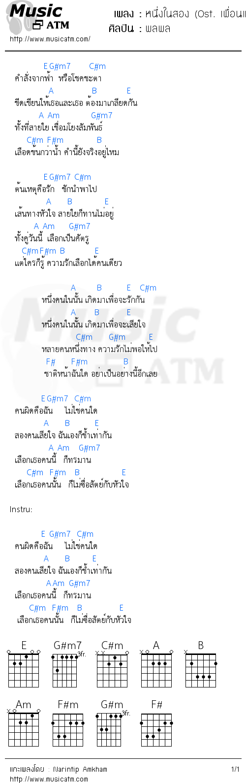 คอร์ดเพลง หนึ่งในสอง (Ost. เพื่อนแพง)