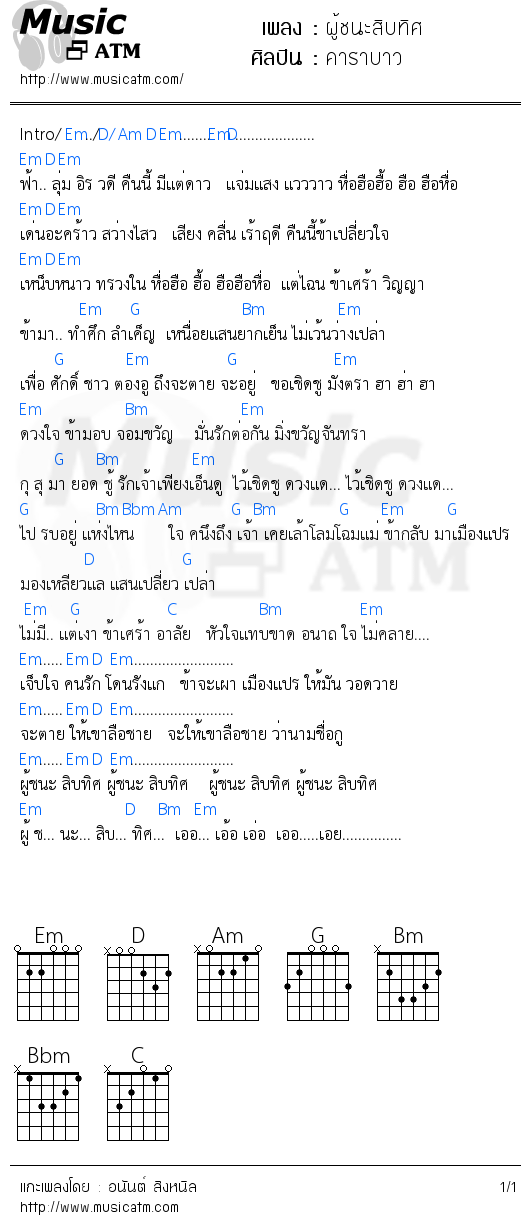 คอร์ดเพลง ผู้ชนะสิบทิศ