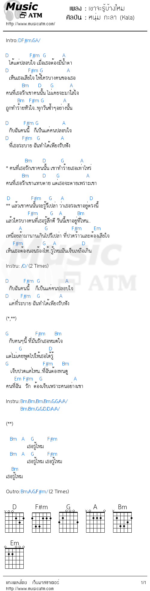 คอร์ดเพลง เขาจะรู้บ้างไหม - หนุ่ม กะลา (Kala) | คอร์ดเพลงใหม่