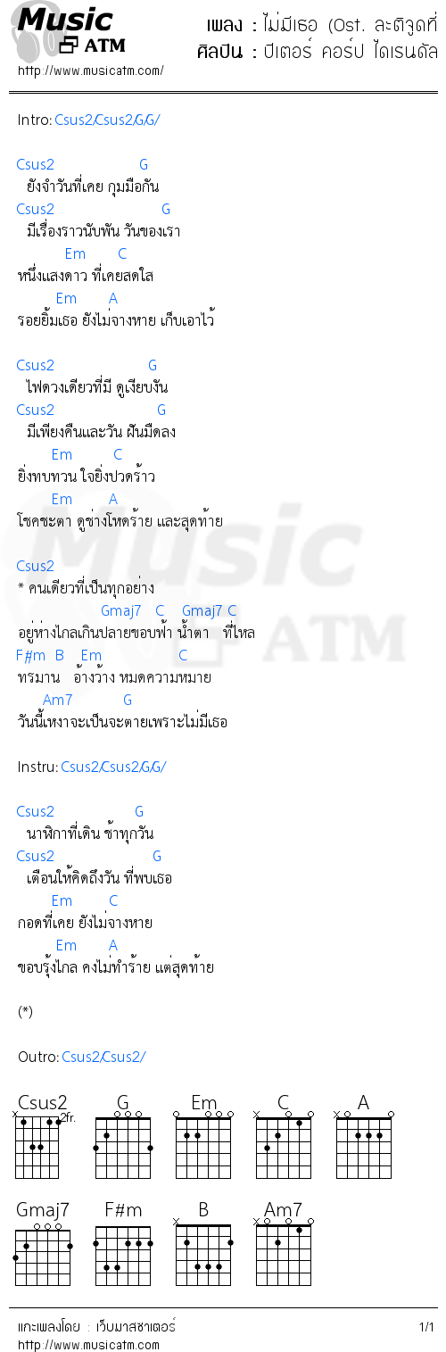 คอร์ดเพลง ไม่มีเธอ (Ost. ละติจูดที่ 6)