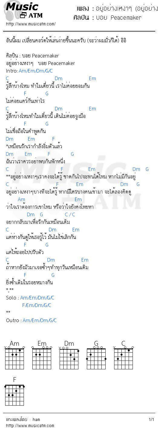 คอร์ดเพลง อยู่อย่างเหงาๆ (อยู่อย่างเหงาเหงา) - บอย Peacemaker | คอร์ดเพลงใหม่